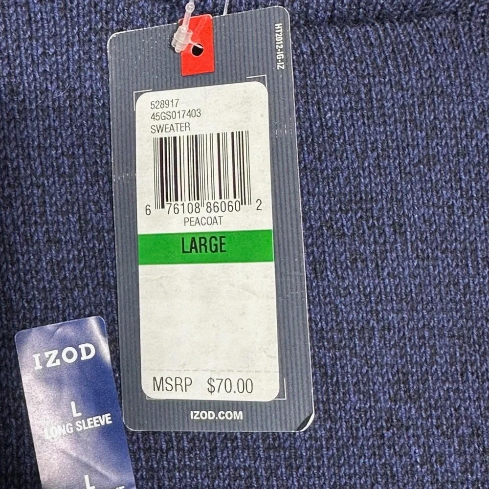 NWT Izod‎ Men’s Knit Shawl Neck Pullover Sweater Size Large Navy Blue Cotton